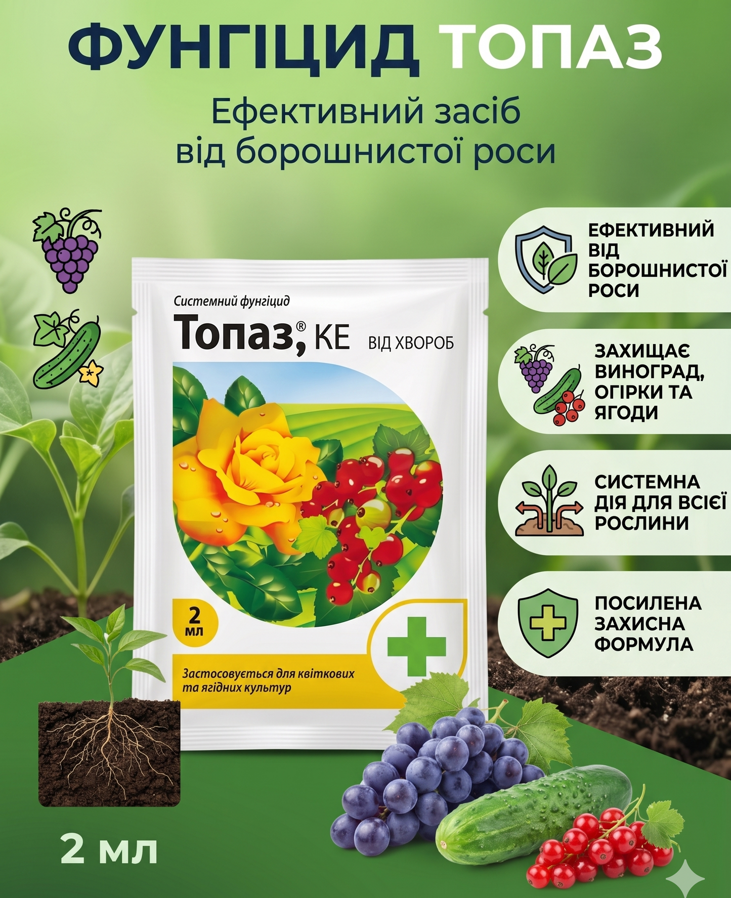 Фунгіцид Топаз 2 мл від борошнистої роси та оїдіуму
